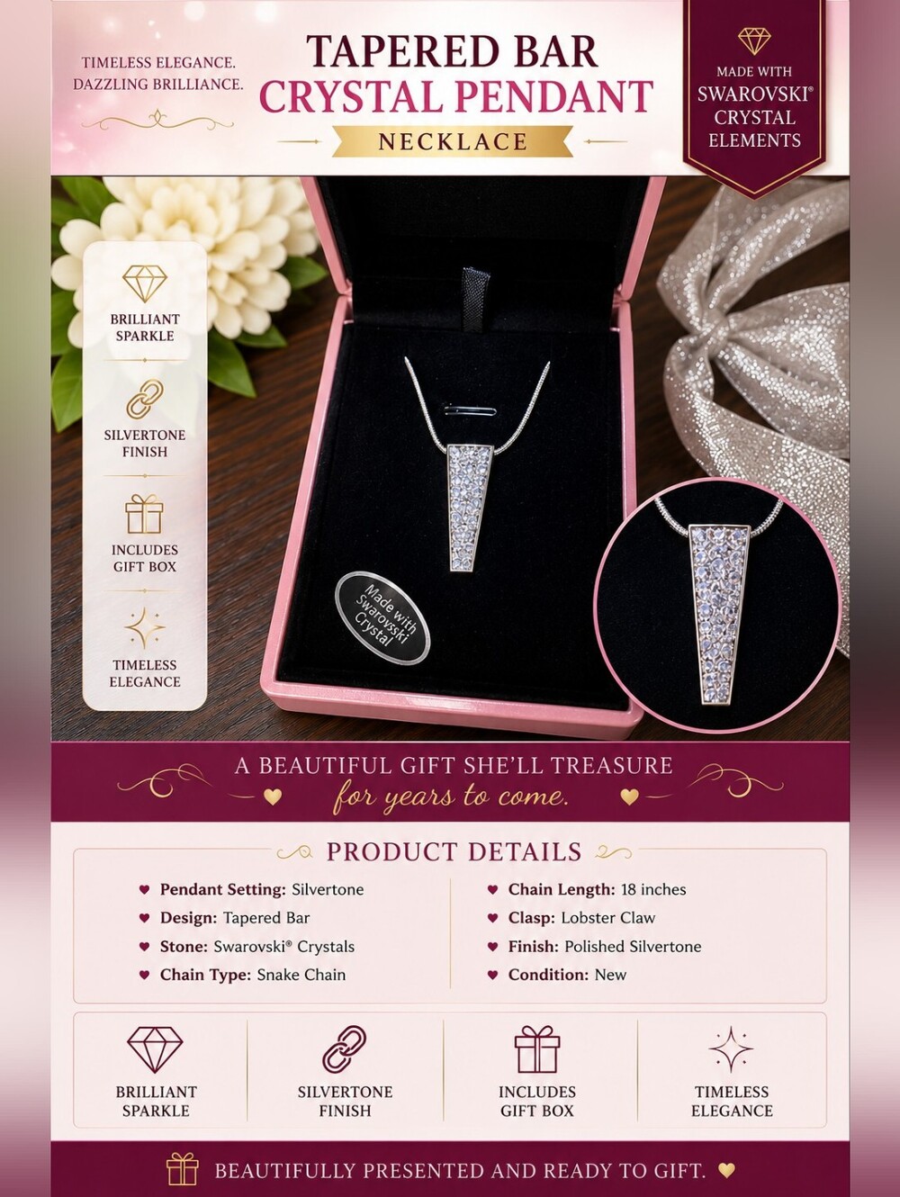 Swarovski Silvertone Crystal Tapered Bar Necklace - Clear Crystals